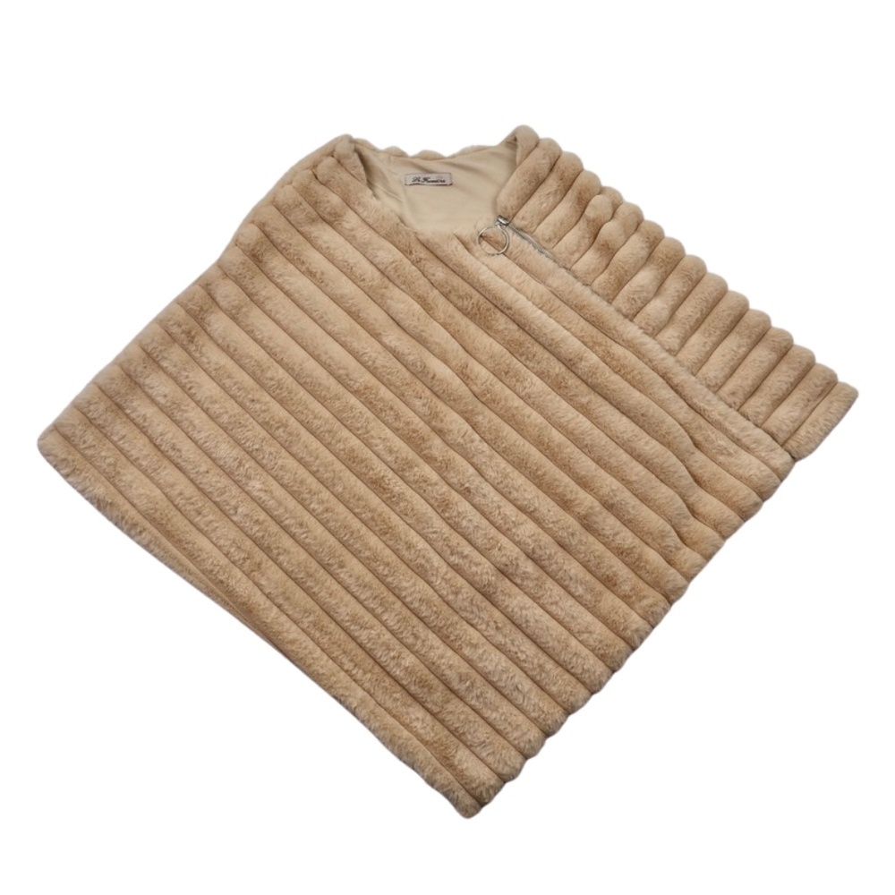 La Fiorentina Faux Fur Shawl Poncho Tan Zip Front One Size
